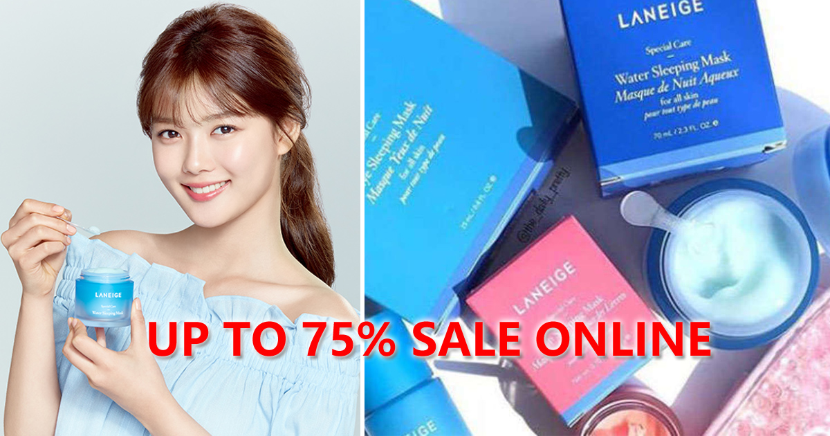 Laneige Online Sale offering discounts up to 75%, including skincare products as freebies