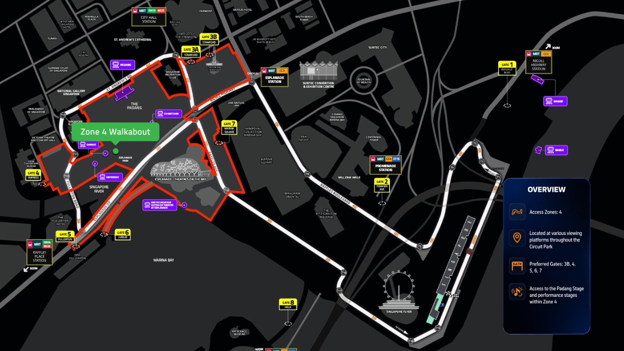 F1 Singapore 2026 map showing Zone 4 Walkabout area and concert stages including Padang, Waterside, Wharf and Barge