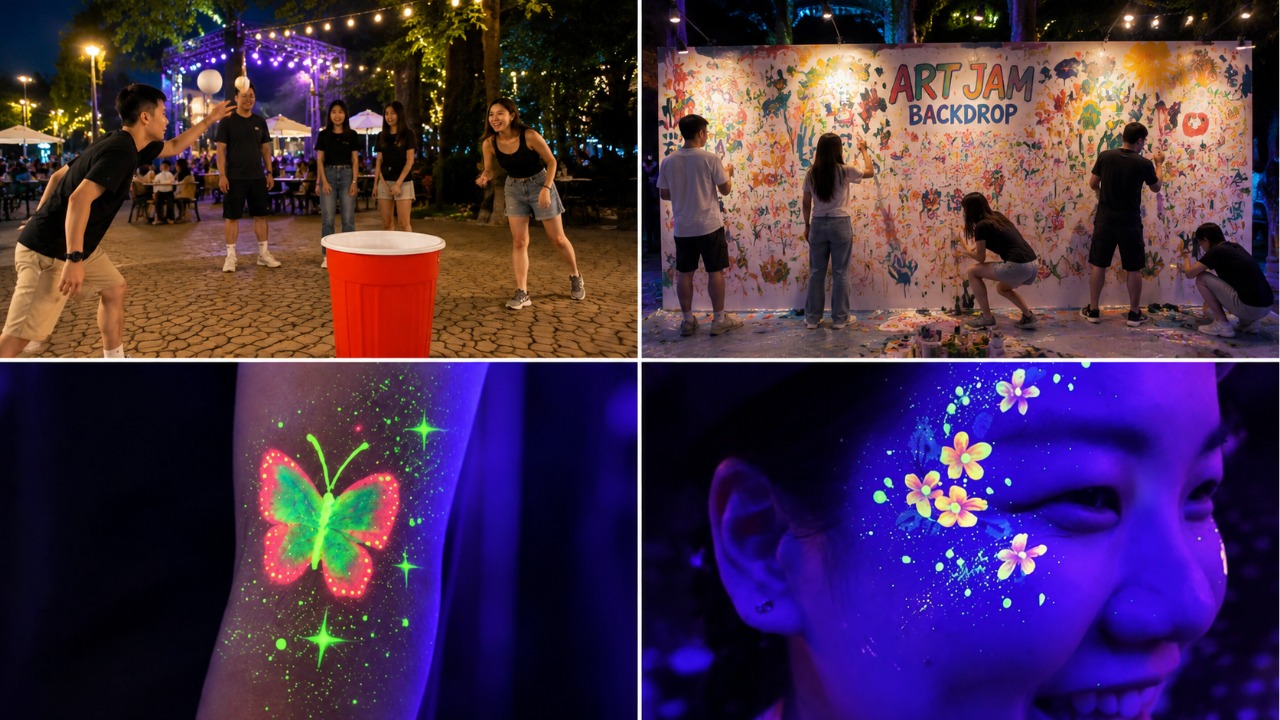 Giant Beer Pong, community art and neon face painting at Village Encounters