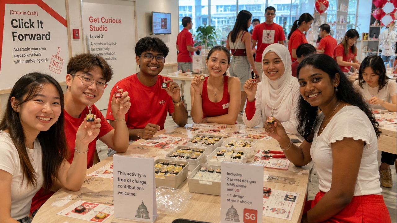 Participants making clicky keycap keychains at the National Museum of Singapore