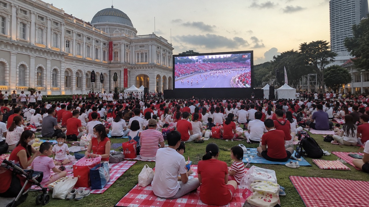 Families watching the National Day Parade on a giant outdoor screen at the National Museum of Singapore