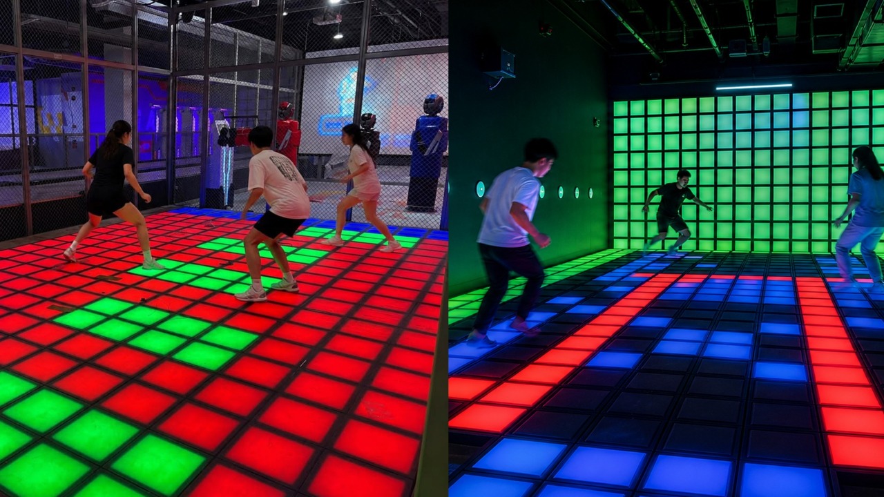 Colorful Grid floor game at PLAYON Downtown East