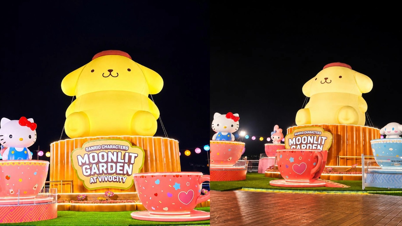 Seven metre Pompompurin on a giant mooncake at VivoCity Sanrio Moonlit Garden
